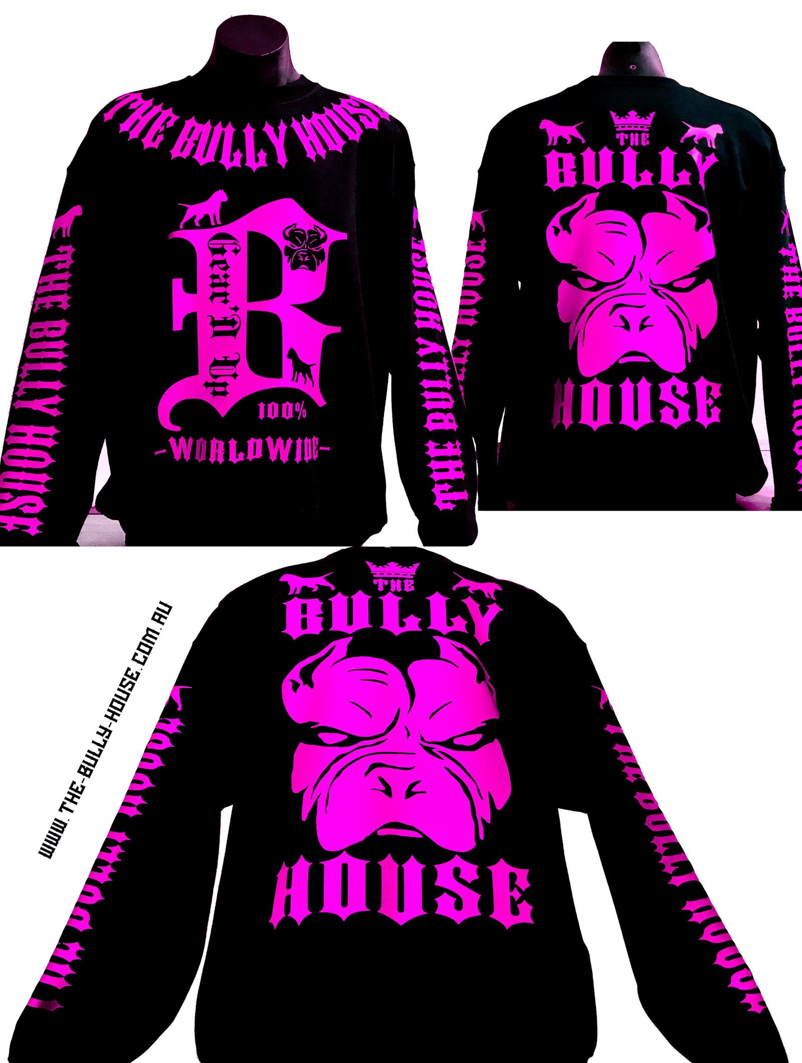 HARDCORE LONG SLEEVE BULLY JUMPERS by THE BULLY HOUSE-(Unisex) Black with Hot Pink Print
