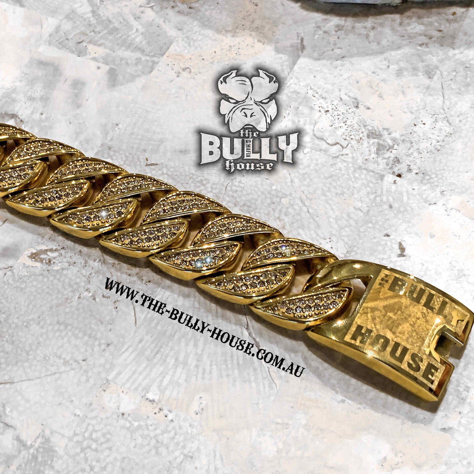 The Bully House  "ICED OUT MONSTER BRACELET" GOLD 32mm wide  ---FREE SHIPPING---- in Oz