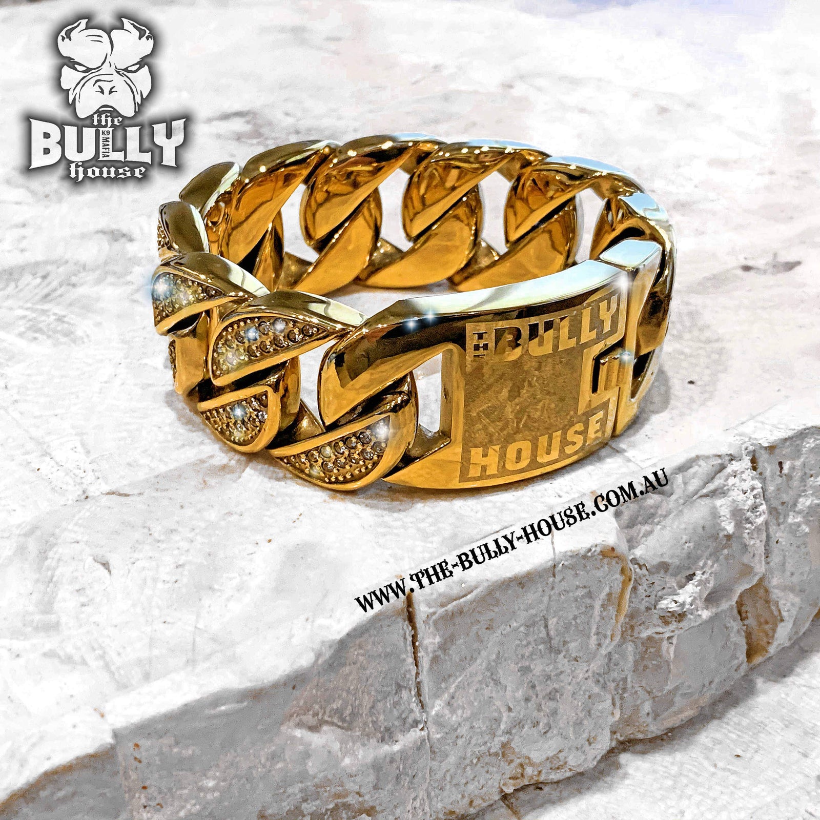 The Bully House  "ICED OUT MONSTER BRACELET" GOLD 32mm wide  ---FREE SHIPPING---- in Oz