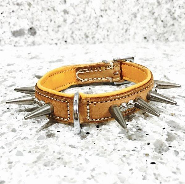 Dog Collar - "TinyTuff" Spiked Leather Collar (SMALL DOG or PUPPY)-- ROGUE ROYALTY (clearance) BUCKSKIN