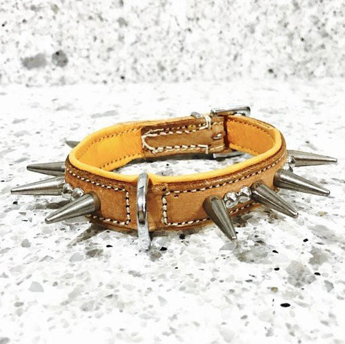 Dog Collar - "TinyTuff" Spiked Leather Collar (SMALL DOG or PUPPY)-- ROGUE ROYALTY (clearance) BUCKSKIN
