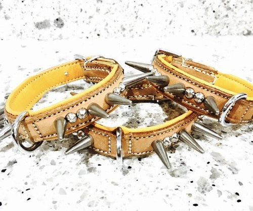 Dog Collar - "TinyTuff" Spiked Leather Collar (SMALL DOG or PUPPY)-- ROGUE ROYALTY (clearance) BUCKSKIN