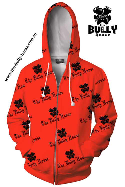 All Over Print - The Bully House -- HARDCORE Zip Up Hoodie -- (Unisex) RED / BLACK