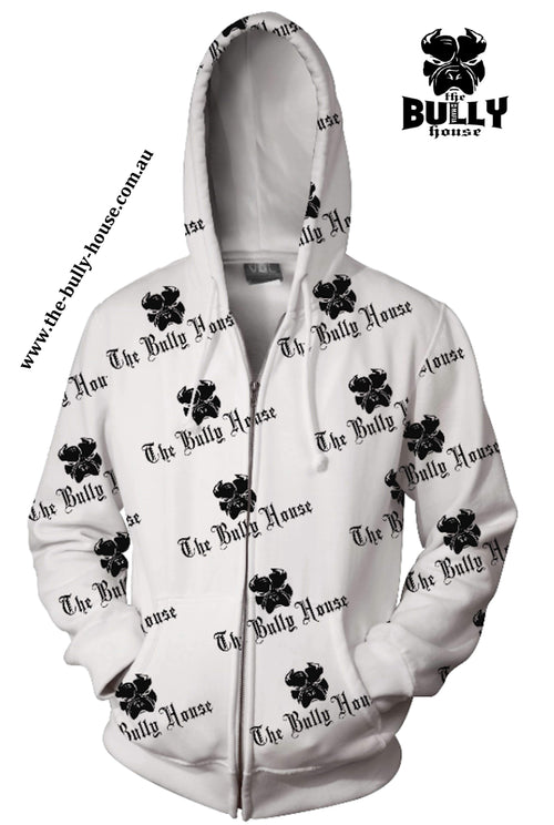 All Over Print - The Bully House -- HARDCORE Zip Up Hoodie -- (Unisex) WHITE / BLACK