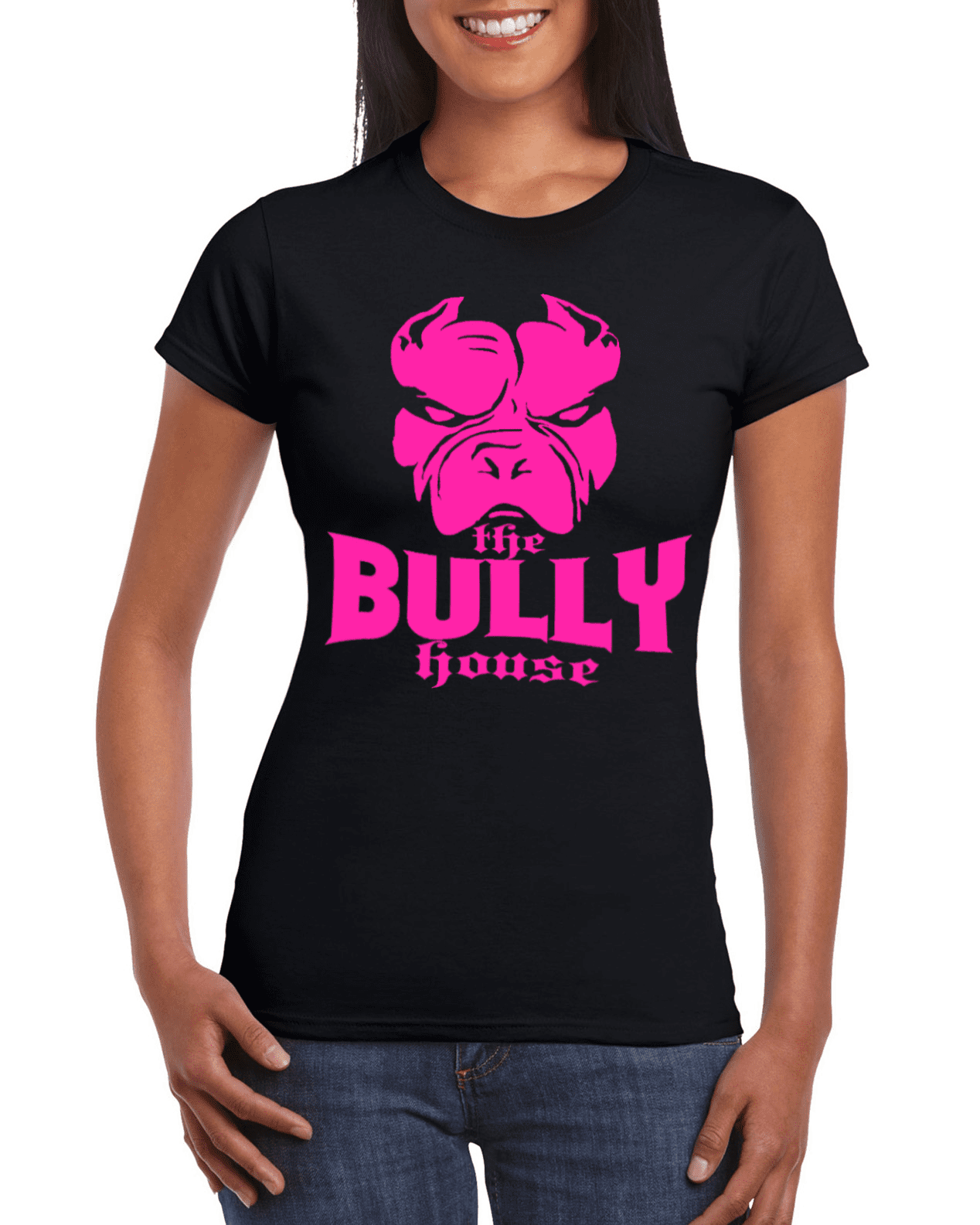 The Bully House -- T-SHIRT - WOMENS  CUT (Hot PINK print)