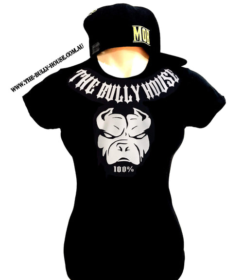 The Bully House --  Neck Piece/Logo -- T-Shirt - WOMENS CUT // White Print