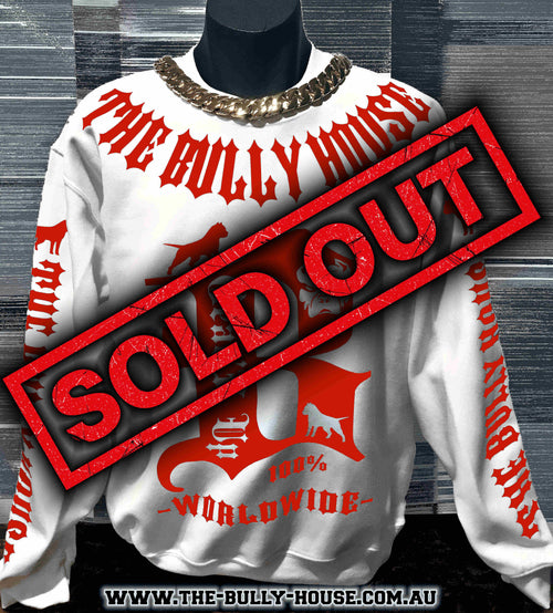 HARDCORE LONG SLEEVE BULLY JUMPERS by THE BULLY HOUSE -(Unisex) WHITE with RED EDITION