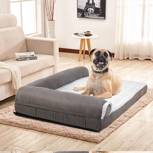 L-shape Pet Calming Bed Chaise Sofa Kennel Mat with Removable Plush Cover