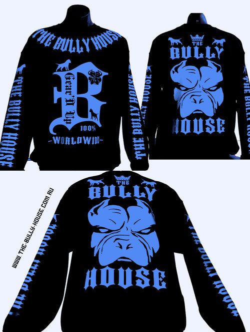 (Pre Order Now) HARDCORE LONG SLEEVE BULLY JUMPERS by THE BULLY HOUSE-(Unisex) Black with Blue Print