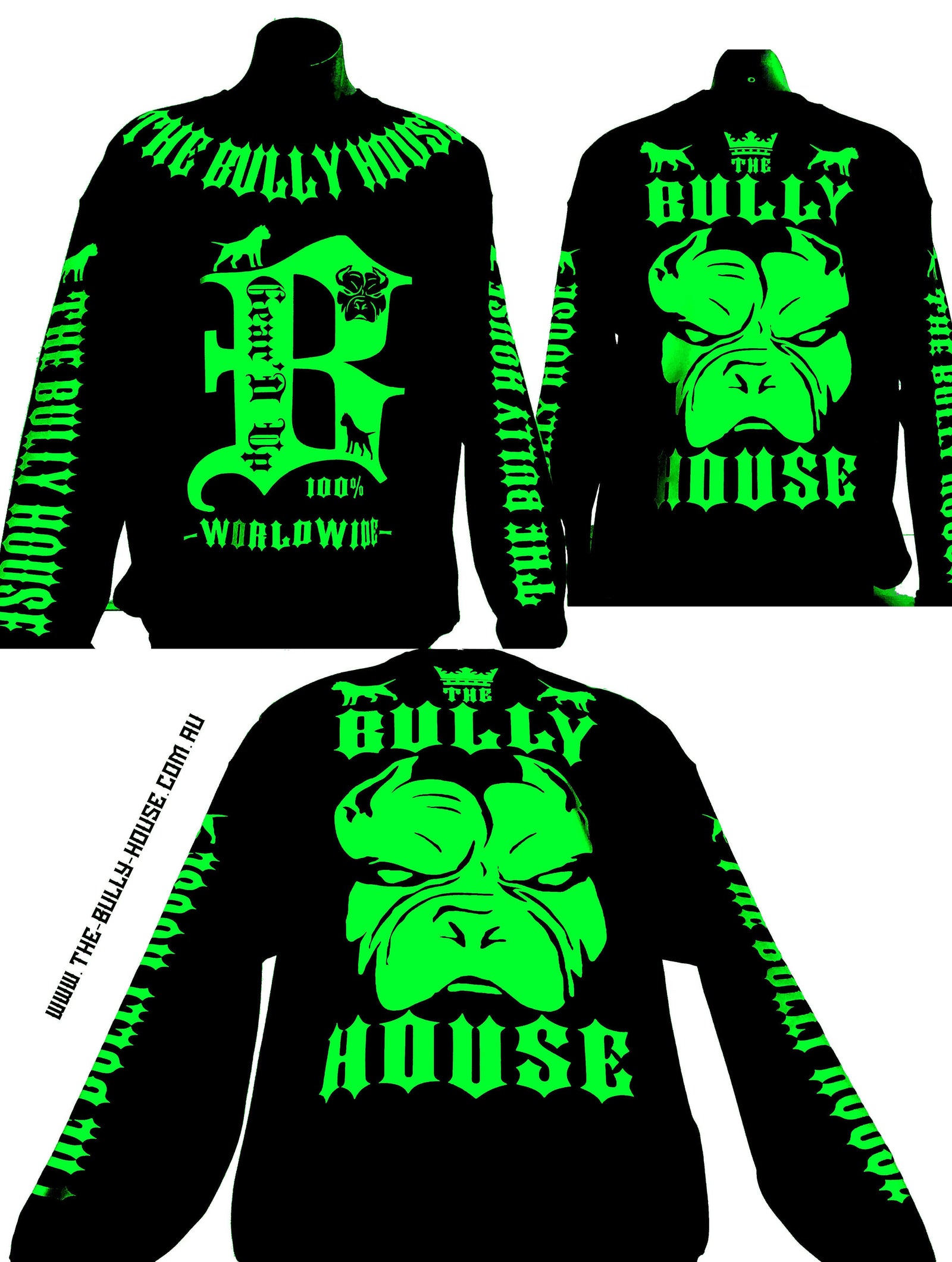 (Pre Order Now) HARDCORE LONG SLEEVE BULLY JUMPERS by THE BULLY HOUSE-(Unisex) Black with Fluro Green Print