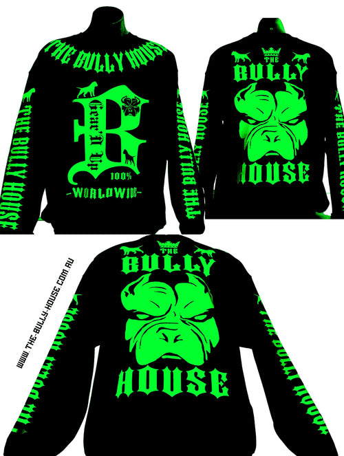 (Pre Order Now) HARDCORE LONG SLEEVE BULLY JUMPERS by THE BULLY HOUSE-(Unisex) Black with Fluro Green Print
