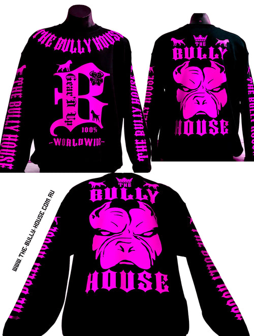 (Pre Order Now) HARDCORE LONG SLEEVE BULLY JUMPERS by THE BULLY HOUSE-(Unisex) Black with Hot Pink Print