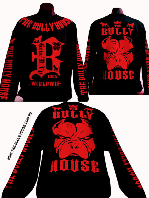 (Pre Order Now) HARDCORE LONG SLEEVE BULLY JUMPERS by THE BULLY HOUSE-(Unisex) Black with Red Print