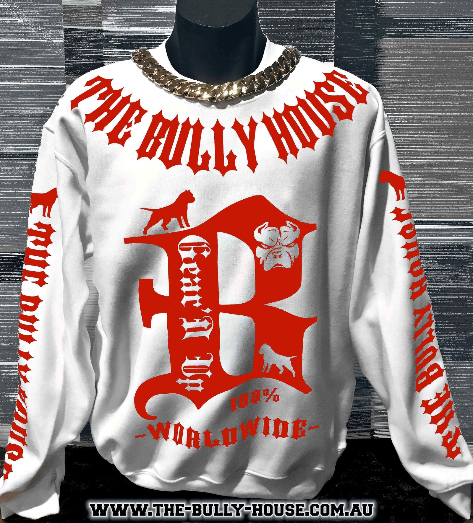 (Pre Order Now) HARDCORE LONG SLEEVE BULLY JUMPERS by THE BULLY HOUSE -(Unisex) WHITE with RED EDITION
