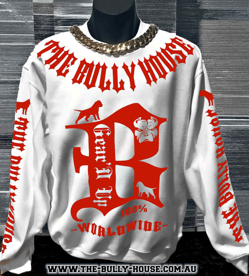 (Pre Order Now) HARDCORE LONG SLEEVE BULLY JUMPERS by THE BULLY HOUSE -(Unisex) WHITE with RED EDITION