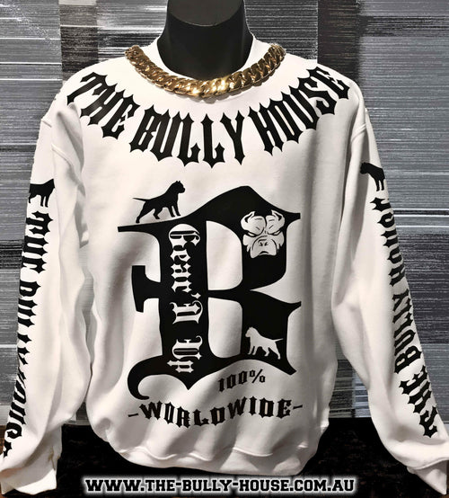 (Pre Order Now) HARDCORE LONG SLEEVE BULLY JUMPERS by THE BULLY HOUSE -(Unisex) WHITE with BLACK EDITION