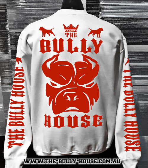 (Pre Order Now) HARDCORE LONG SLEEVE BULLY JUMPERS by THE BULLY HOUSE -(Unisex) WHITE with RED EDITION