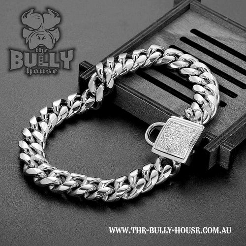 The Bully House "MIAMI Diamond Padlock" - SILVER 14mm Wide -