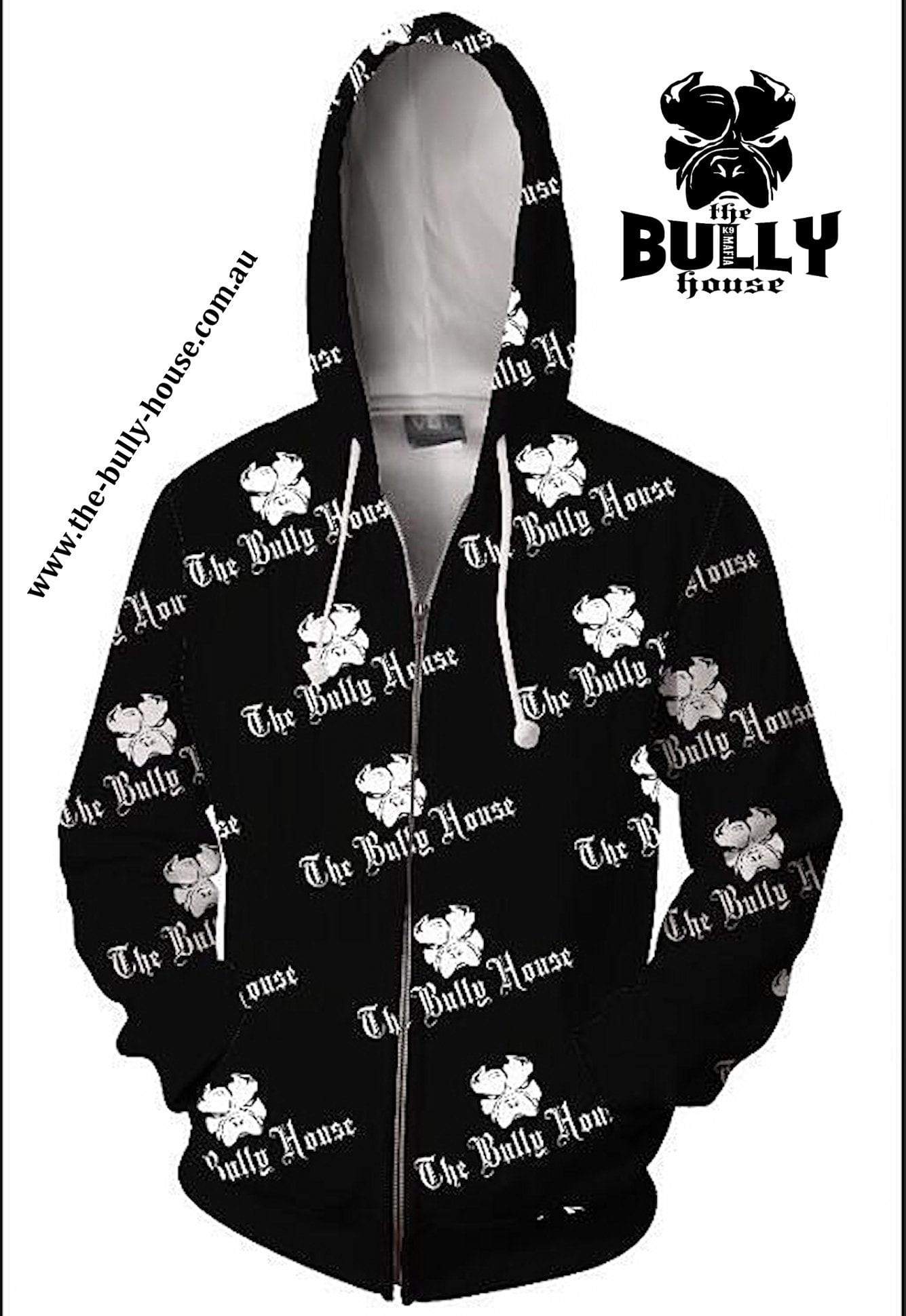 All Over Print - The Bully House -- HARDCORE Zip Up Hoodie -- (Unisex) BLACK / WHITE