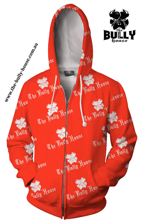 All Over Print - The Bully House -- HARDCORE Zip Up Hoodie -- (Unisex) RED / WHITE