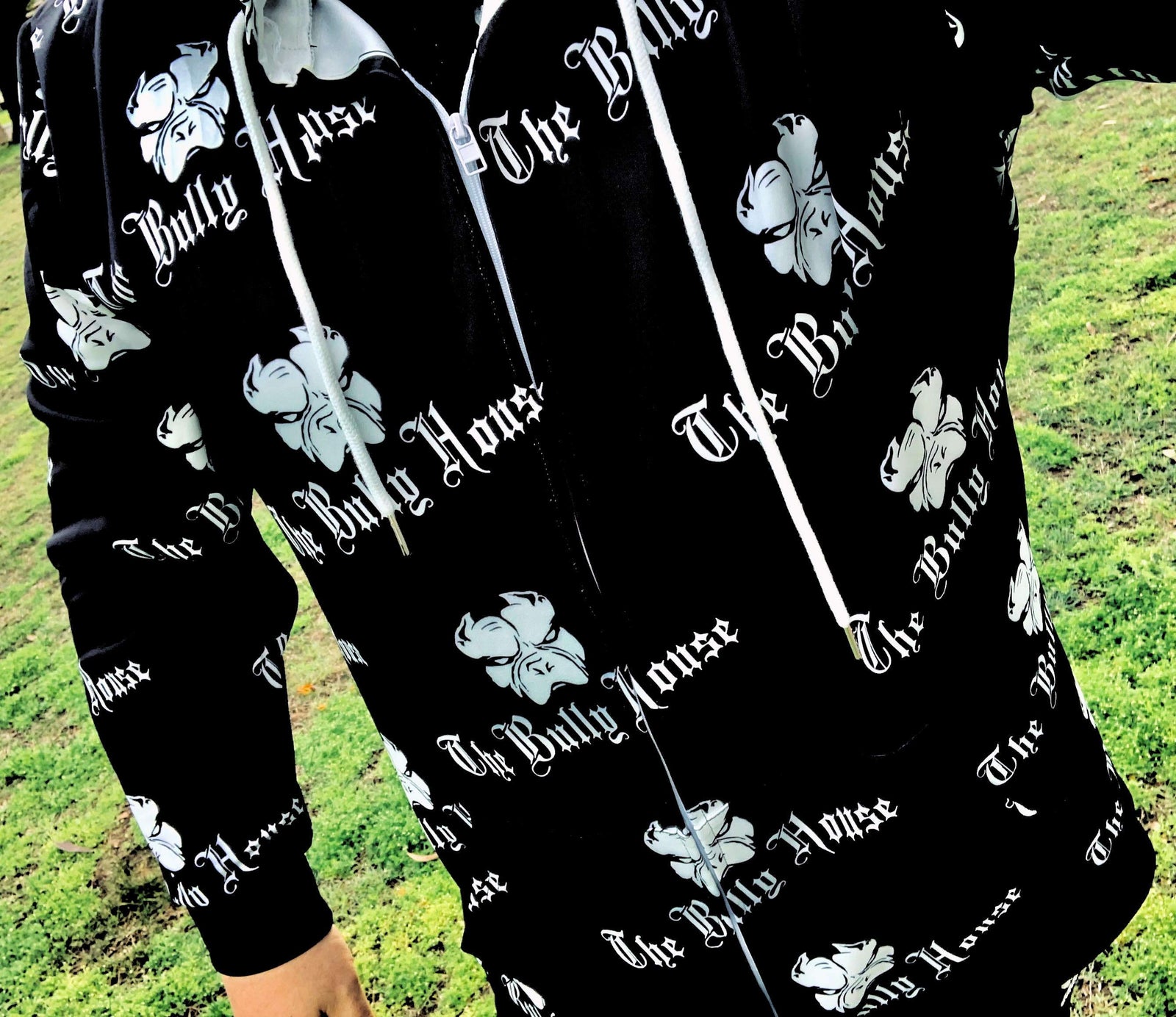 All Over Print - The Bully House -- HARDCORE Zip Up Hoodie -- (Unisex) BLACK / WHITE